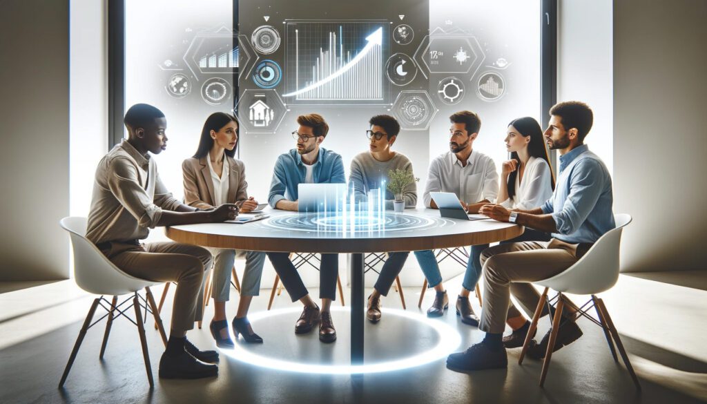 Sales team sitting around a table, with graphs showing efficiency and growth.