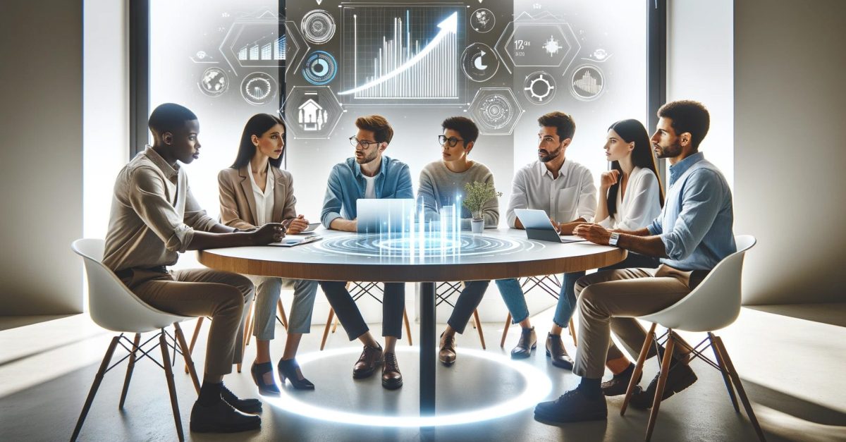 Sales team sitting around a table, with graphs showing efficiency and growth.